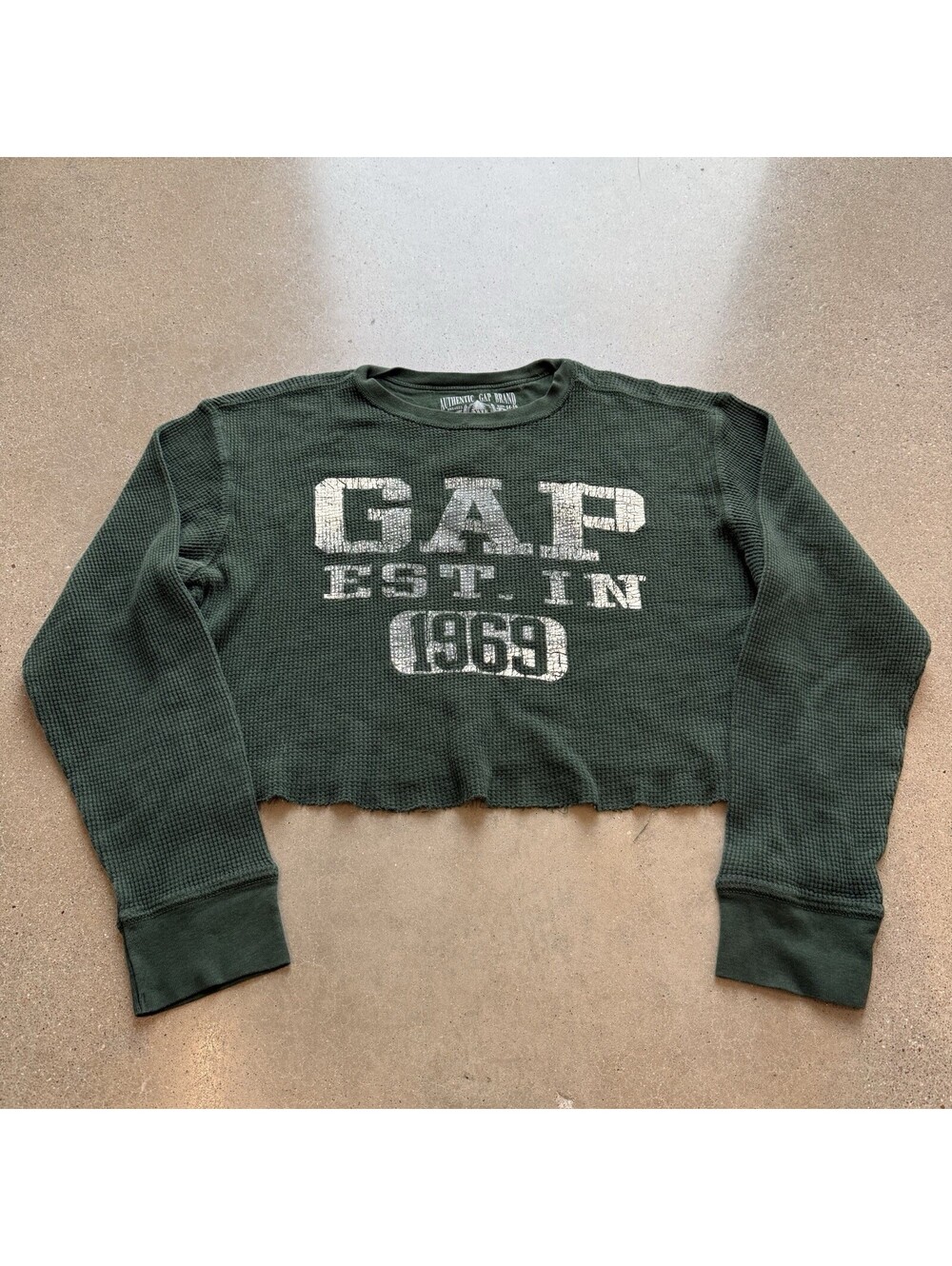 Gap Green Waffle Knit Thermal Long Sleeve Crew Neck Women's Medium Crop Top